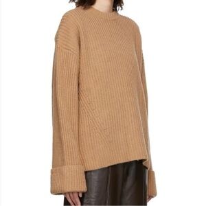 Ganni Ribbed Wool Blend Crewneck Sweater in Camel, size small